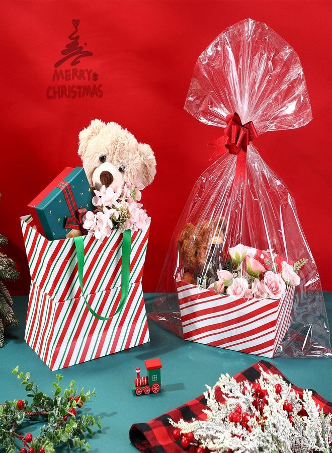 Skyygemm 12 Pcs Christmas Basket for Gifts Empty Kit 9.8 x 6.5'' Gift Basket Empty to Fill Bulk with Handles Cellophane Bags Pull Bows Twists for Holiday Xmas Party Wrapping(Candy Stripe) - Image 2